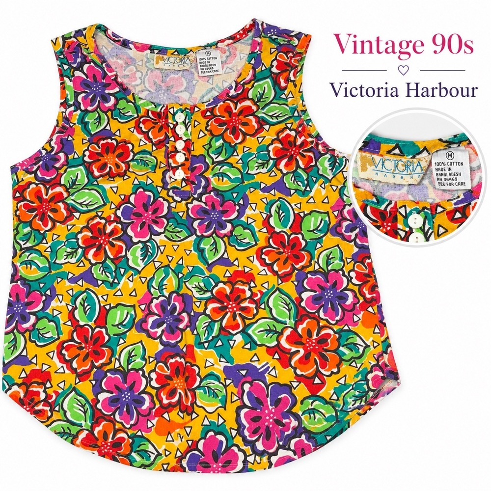 Vintage 90s Victoria Harbour Floral Tank Top Women M Colorful Cotton deadstock